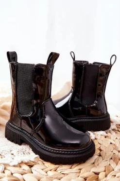 Dziewczęce>Boto Dziecięce Botki Ocieplane Lakierowane Czarne Aletris