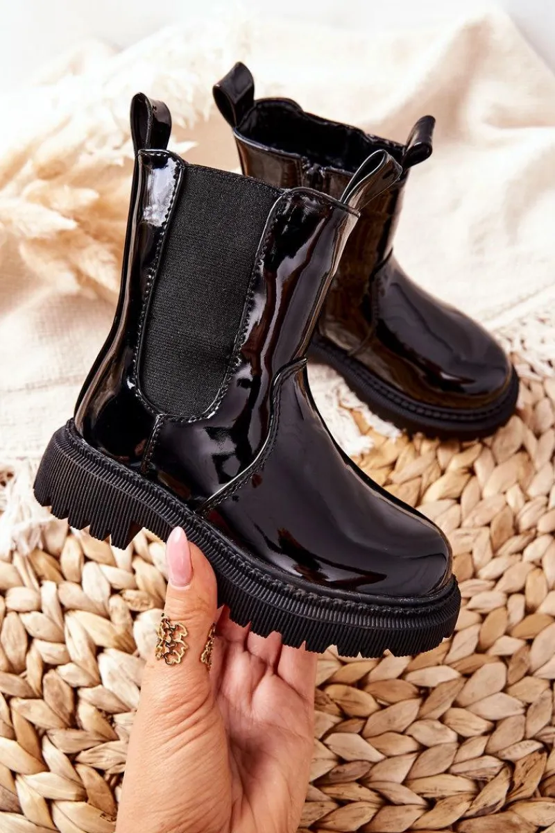 Dziewczęce>Boto Dziecięce Botki Ocieplane Lakierowane Czarne Aletris