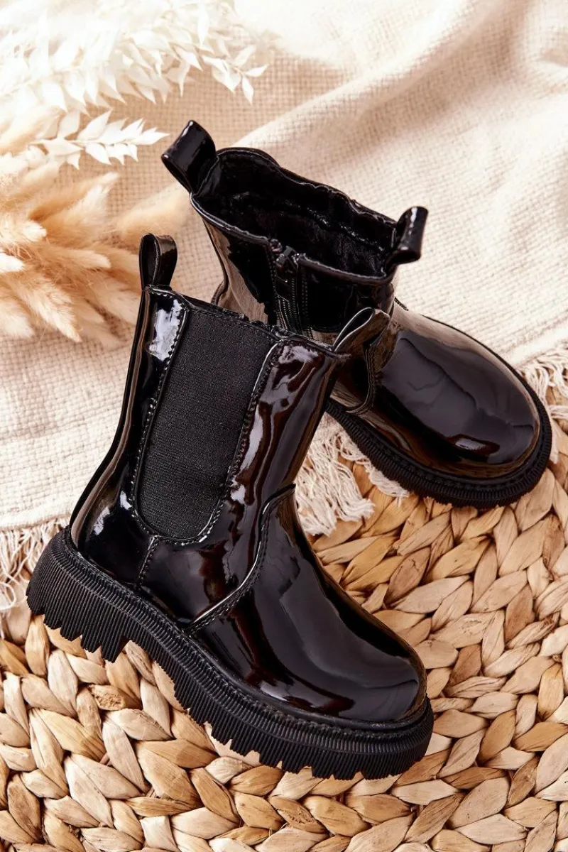 Dziewczęce>Boto Dziecięce Botki Ocieplane Lakierowane Czarne Aletris