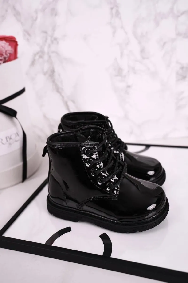 Outlet Dziecięce Botki Ocieplane Glany Lakierowane Czarne Ammy Dzieci Chłopięce|Dziewczęce