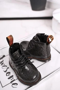 Discount Boto Dziecięce Botki Ocieplane z Suwakiem Lakierowane Brokat Czarne Mistor