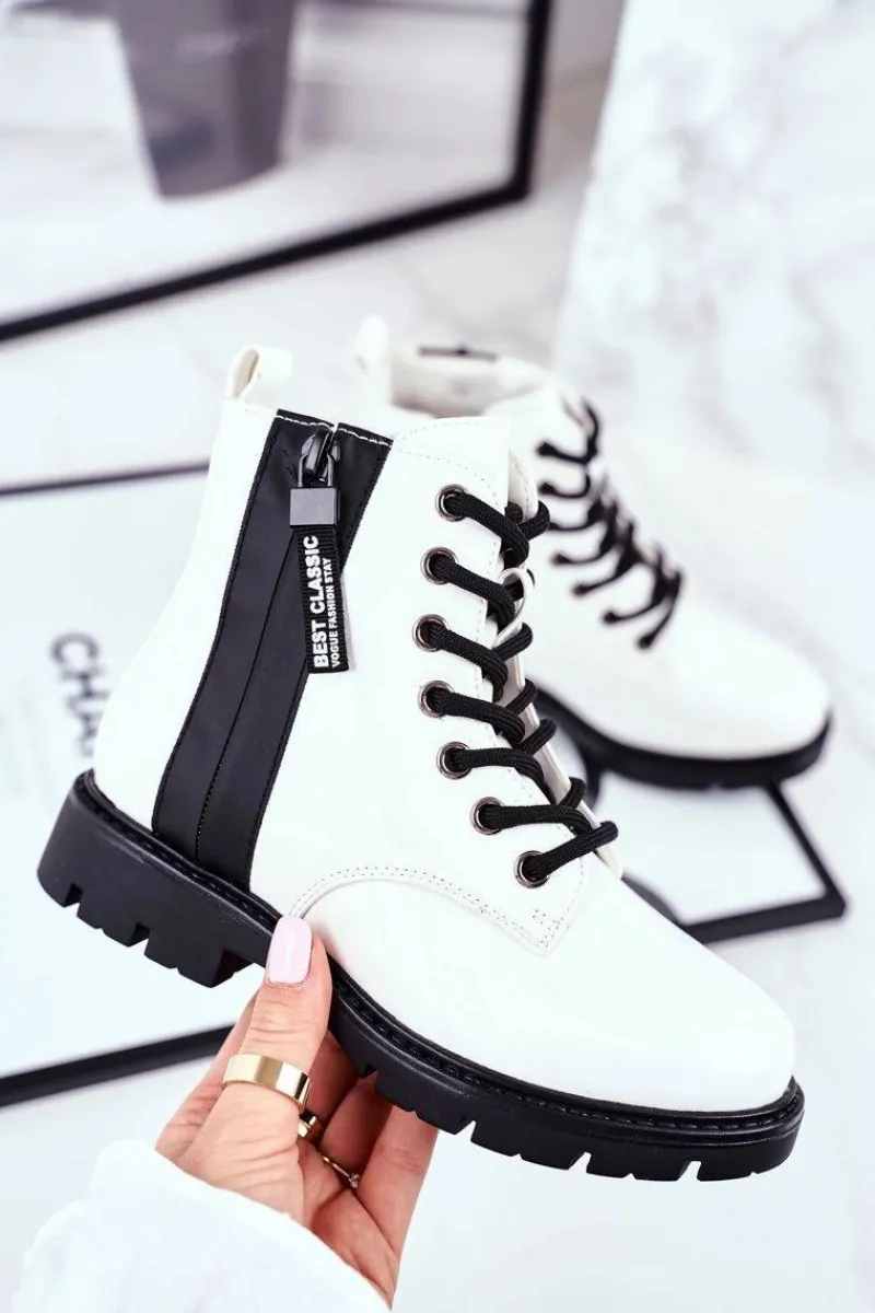 Sale Dziecięce Botki Ocieplane z Suwakiem Lakierowane Białe Falkon Dzieci Chłopięce|Dziewczęce