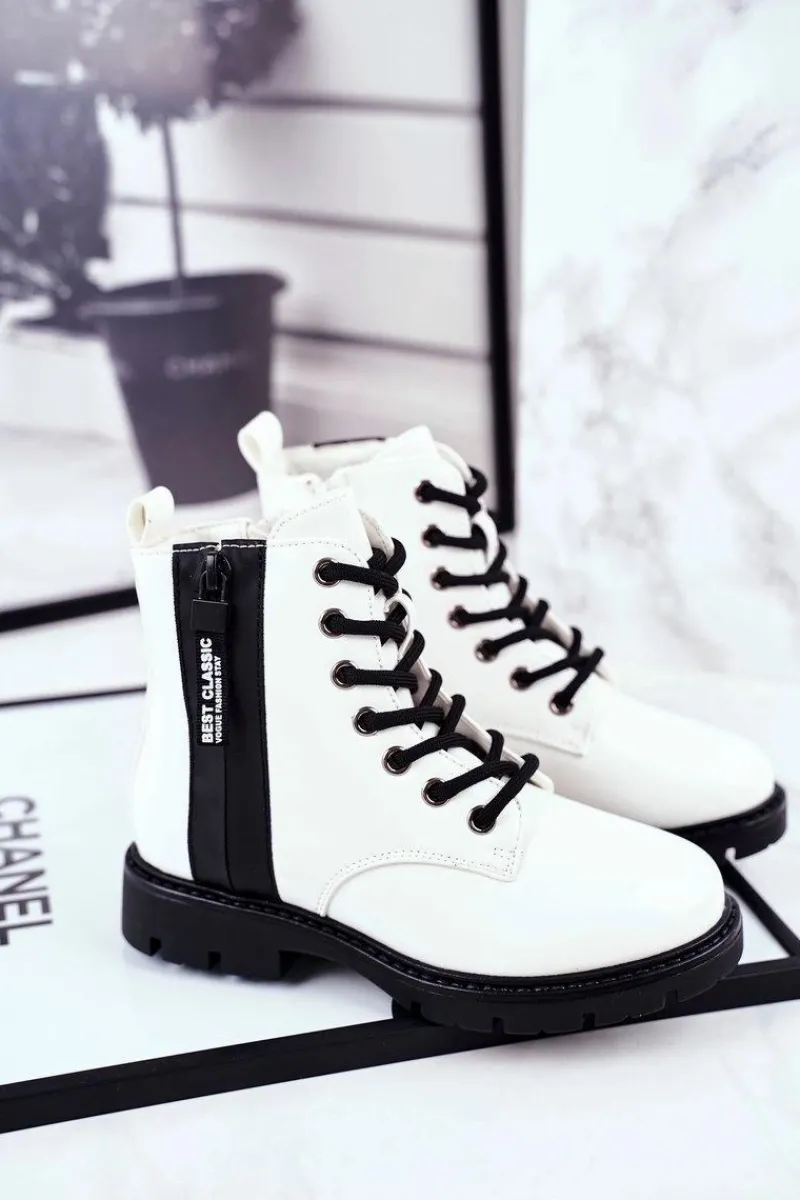 Sale Dziecięce Botki Ocieplane z Suwakiem Lakierowane Białe Falkon Dzieci Chłopięce|Dziewczęce