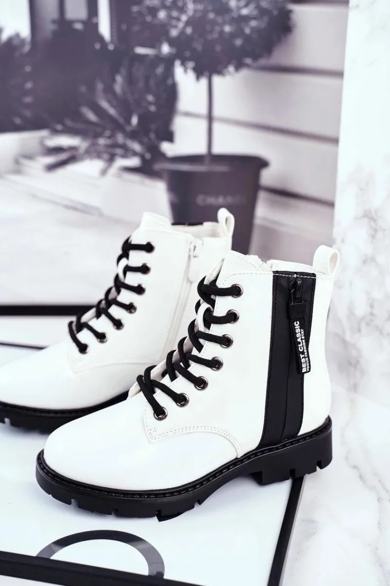 Sale Dziecięce Botki Ocieplane z Suwakiem Lakierowane Białe Falkon Dzieci Chłopięce|Dziewczęce