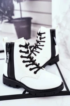 Sale Dziecięce Botki Ocieplane z Suwakiem Lakierowane Białe Falkon Dzieci Chłopięce|Dziewczęce