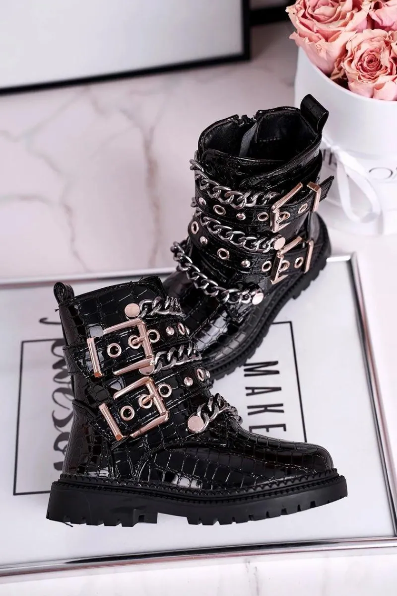 Best Dziecięce Botki Ocieplane z Klamrami Print Czarne Fun Time Dzieci Dziewczęce