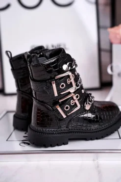 Best Dziecięce Botki Ocieplane z Klamrami Print Czarne Fun Time Dzieci Dziewczęce