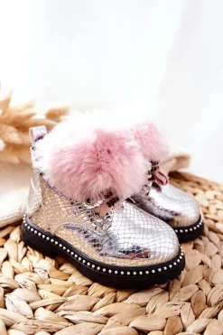 Dziewczęce>Boto Dziecięce Botki Ocieplane Z Futerkiem Srebrne Rosea