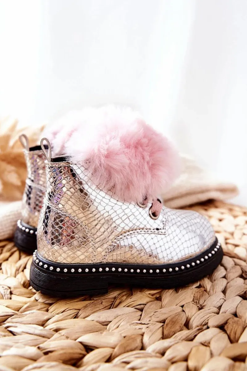 Dziewczęce>Boto Dziecięce Botki Ocieplane Z Futerkiem Srebrne Rosea