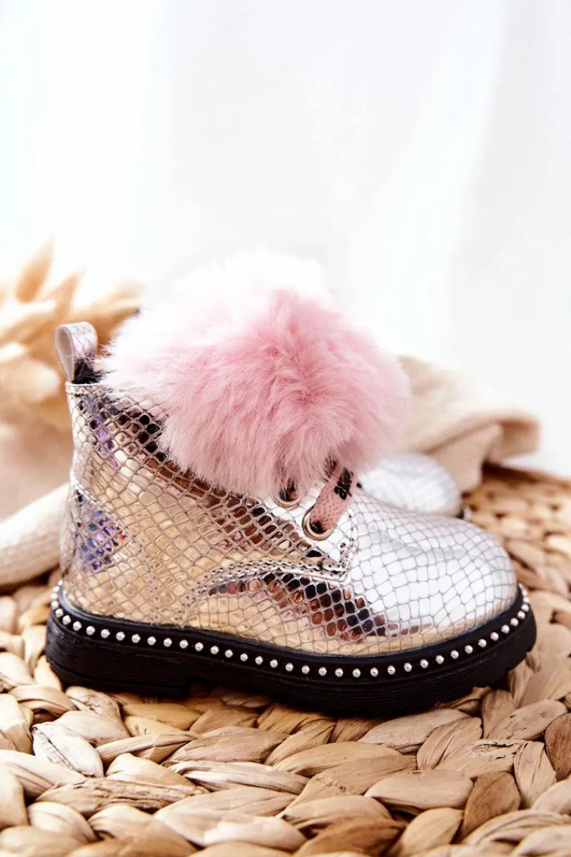 Dziewczęce>Boto Dziecięce Botki Ocieplane Z Futerkiem Srebrne Rosea