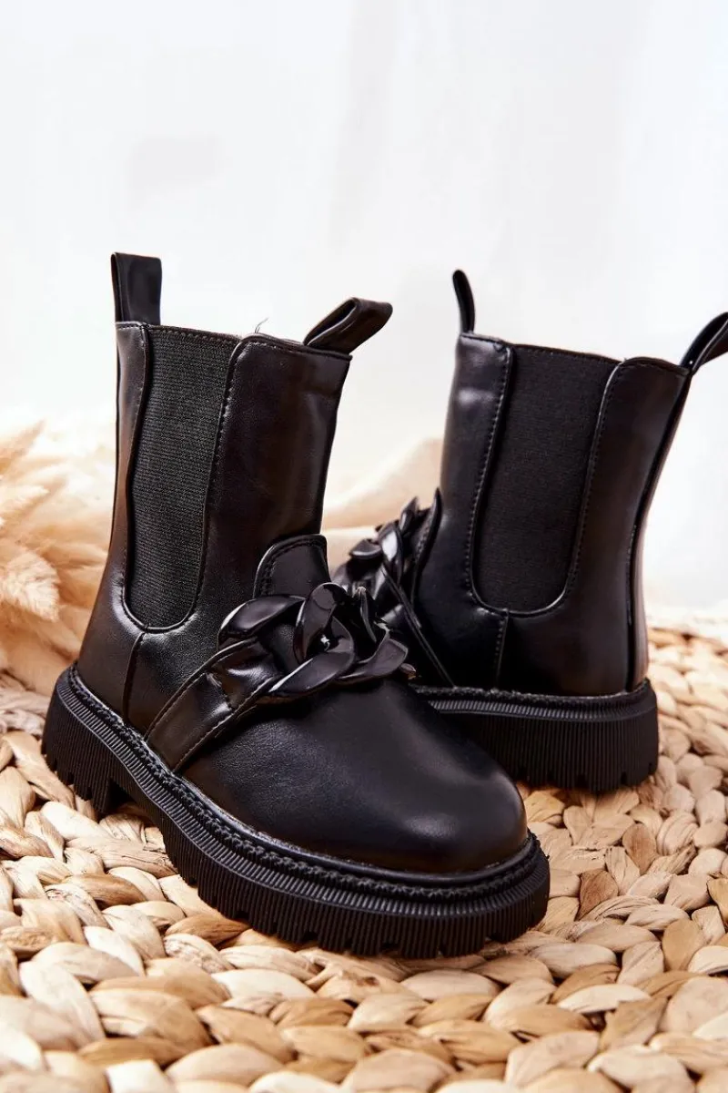 Outlet Dziecięce Botki Ocieplane Łańcuch Czarne Hinea Dzieci Dziewczęce