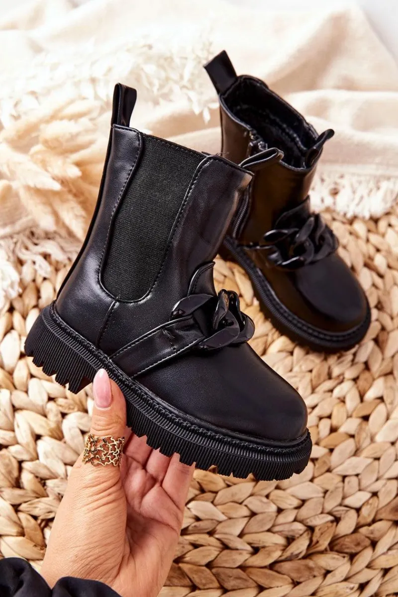 Outlet Dziecięce Botki Ocieplane Łańcuch Czarne Hinea Dzieci Dziewczęce