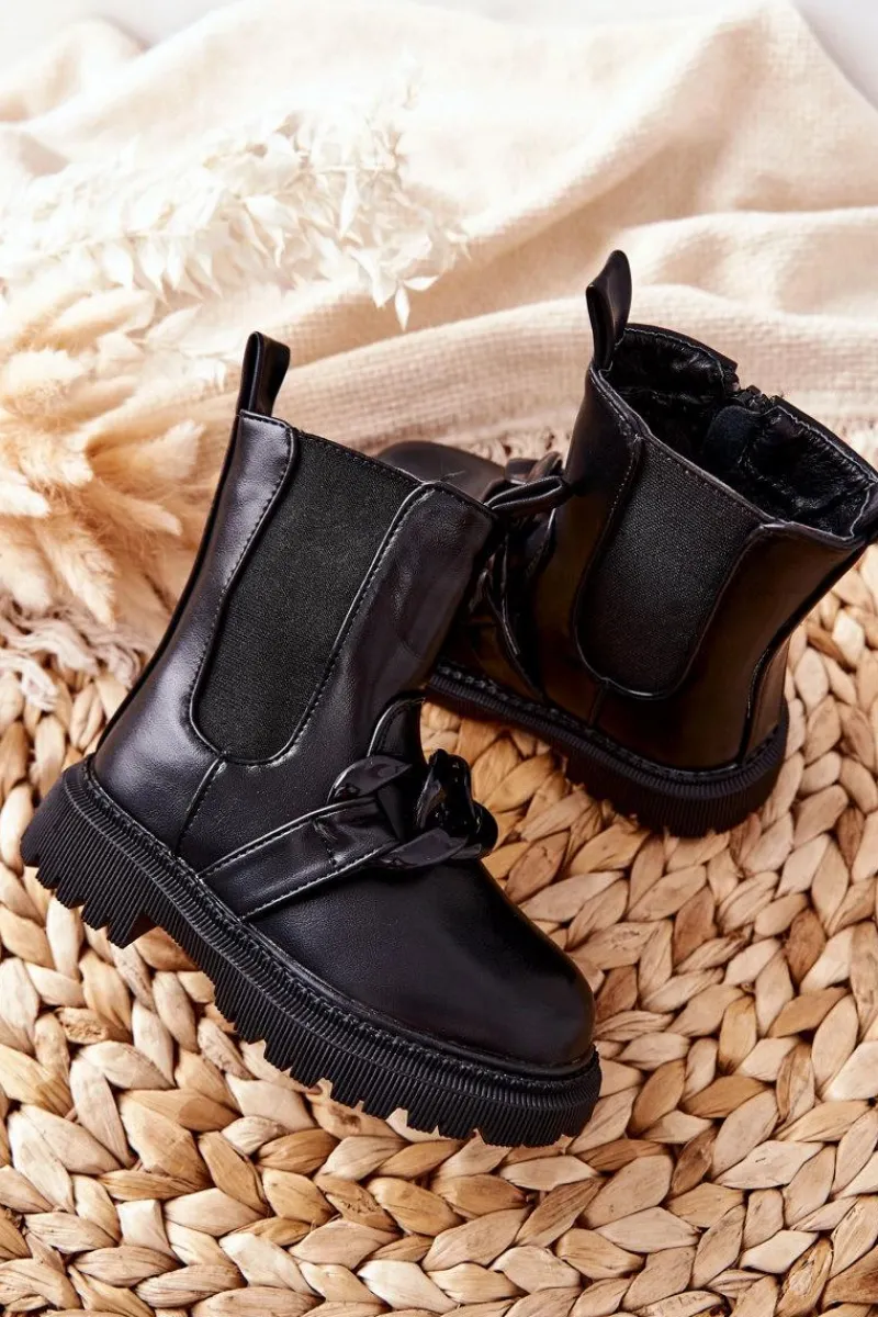 Outlet Dziecięce Botki Ocieplane Łańcuch Czarne Hinea Dzieci Dziewczęce