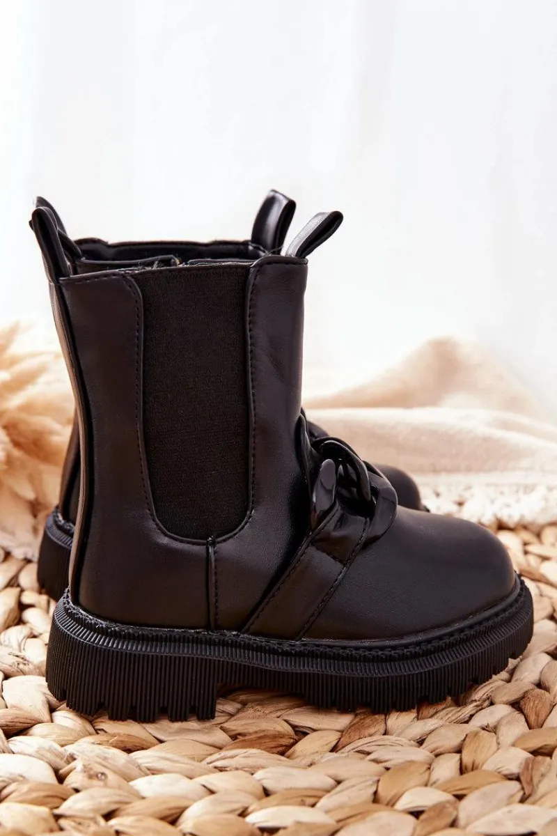 Outlet Dziecięce Botki Ocieplane Łańcuch Czarne Hinea Dzieci Dziewczęce