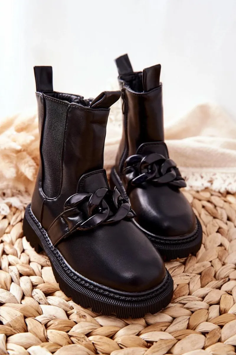 Outlet Dziecięce Botki Ocieplane Łańcuch Czarne Hinea Dzieci Dziewczęce