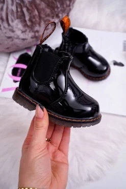 New Dziecięce Botki Ocieplane z Suwakiem Lakierowane Czarne Gustro Dzieci Dziewczęce