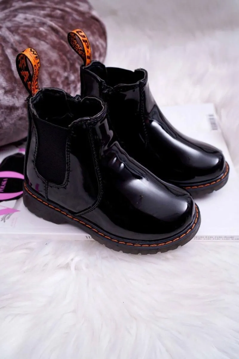 New Dziecięce Botki Ocieplane z Suwakiem Lakierowane Czarne Gustro Dzieci Dziewczęce