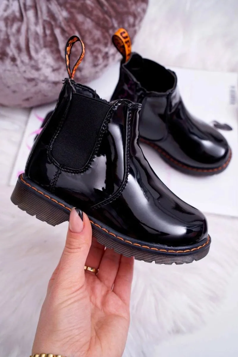 New Dziecięce Botki Ocieplane z Suwakiem Lakierowane Czarne Gustro Dzieci Dziewczęce