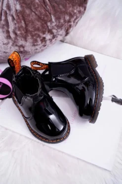 New Dziecięce Botki Ocieplane z Suwakiem Lakierowane Czarne Gustro Dzieci Dziewczęce