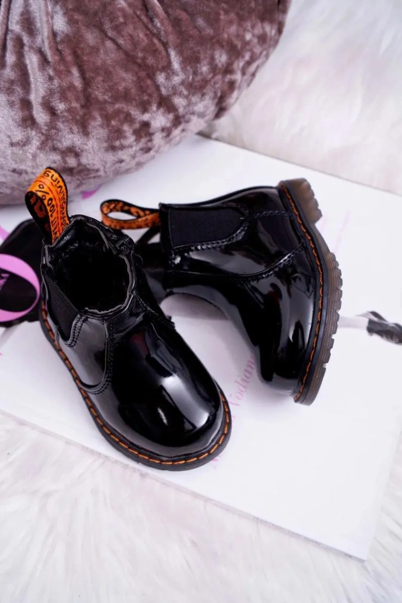 New Dziecięce Botki Ocieplane z Suwakiem Lakierowane Czarne Gustro Dzieci Dziewczęce