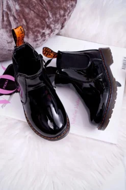 New Dziecięce Botki Ocieplane z Suwakiem Lakierowane Czarne Gustro Dzieci Dziewczęce