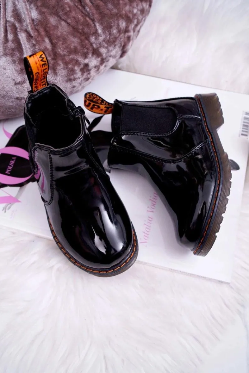 New Dziecięce Botki Ocieplane z Suwakiem Lakierowane Czarne Gustro Dzieci Dziewczęce