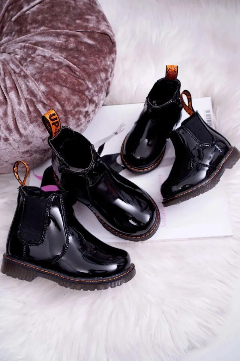 New Dziecięce Botki Ocieplane z Suwakiem Lakierowane Czarne Gustro Dzieci Dziewczęce