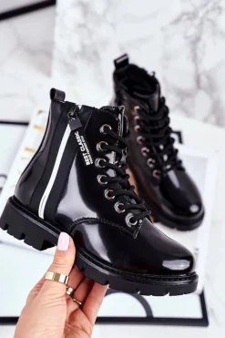 Hot Buty damskie Vinceza Dziecięce Botki Ocieplane z Suwakiem Lakierowane Czarne Falkon