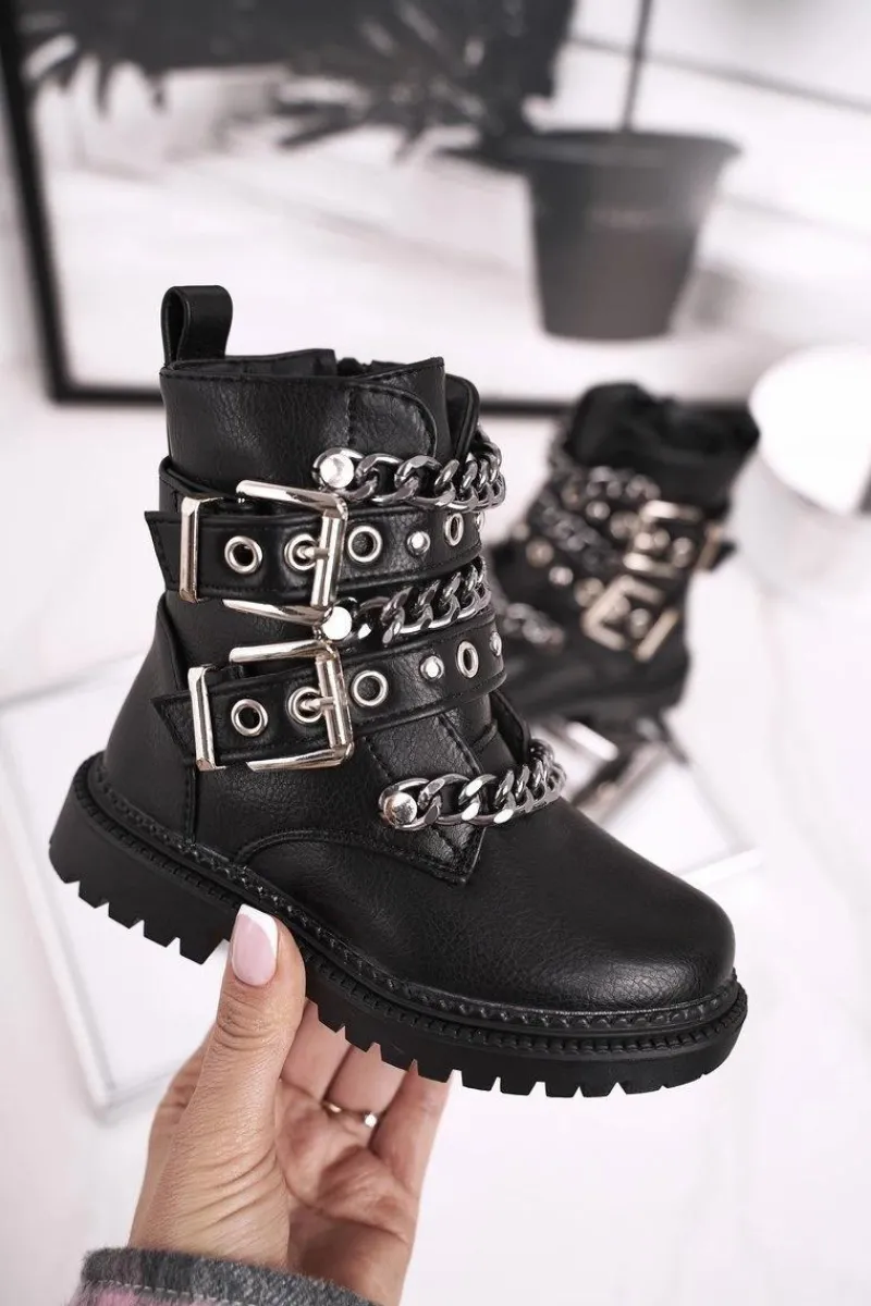 Dziewczęce>Boto Dziecięce Botki Ocieplane z Klamrami Futerkiem Czarne Fun Time