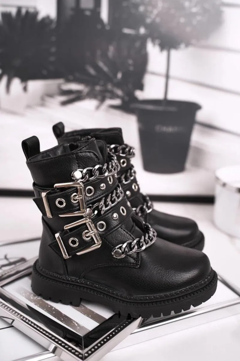 Dziewczęce>Boto Dziecięce Botki Ocieplane z Klamrami Futerkiem Czarne Fun Time