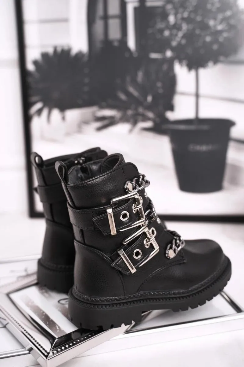 Dziewczęce>Boto Dziecięce Botki Ocieplane z Klamrami Futerkiem Czarne Fun Time