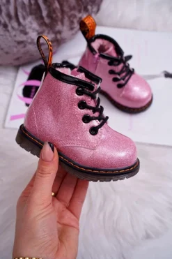 Dziewczęce>Boto Dziecięce Botki Ocieplane z Suwakiem Lakierowane Brokat Różowe Mistor