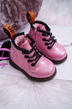 Dziewczęce>Boto Dziecięce Botki Ocieplane z Suwakiem Lakierowane Brokat Różowe Mistor