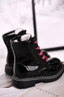 Online Boto Dziecięce Botki Ocieplone Futerkiem Lakierowane Czarne Pinkie