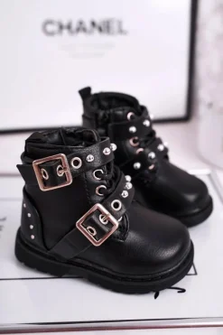 Dziewczęce>Boto Dziecięce Botki Ocieplone Futerkiem Czarne Mary