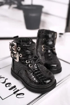 Boto Dziecięce Botki Ocieplone Futerkiem Lakierowane Czarne Valentina