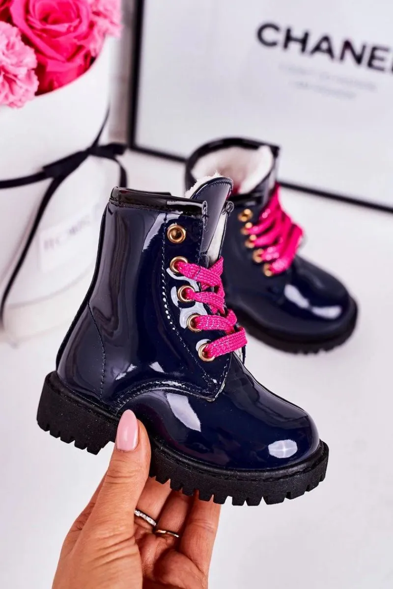 Dziecięce Botki Ocieplone Futerkiem Lakierowane Granatowe Pinkie Dzieci Dziewczęce