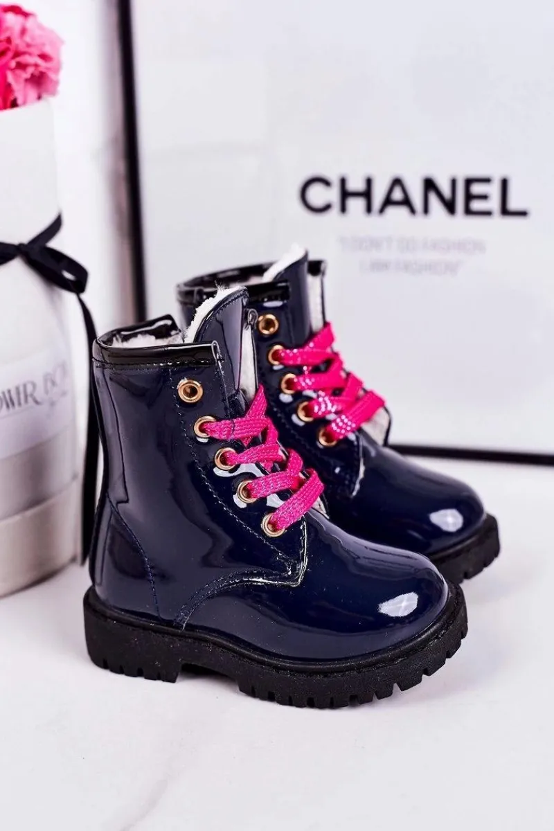 Dziecięce Botki Ocieplone Futerkiem Lakierowane Granatowe Pinkie Dzieci Dziewczęce