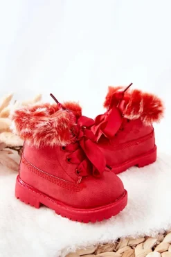 Outlet Dziecięce Botki Traperki Ocieplone Futerkiem Czerwone Tesoro Dzieci Chłopięce