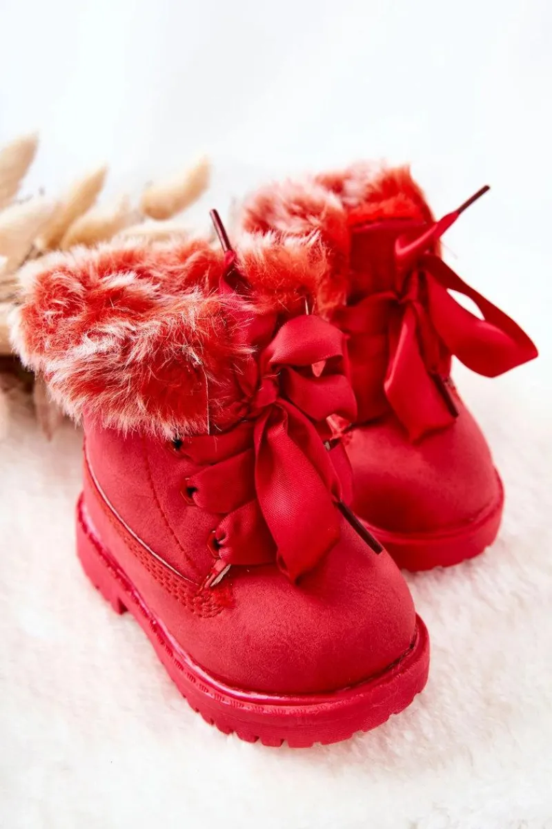 Outlet Dziecięce Botki Traperki Ocieplone Futerkiem Czerwone Tesoro Dzieci Chłopięce