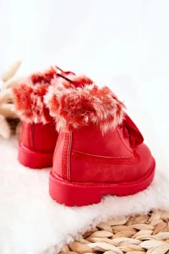 Outlet Dziecięce Botki Traperki Ocieplone Futerkiem Czerwone Tesoro Dzieci Chłopięce