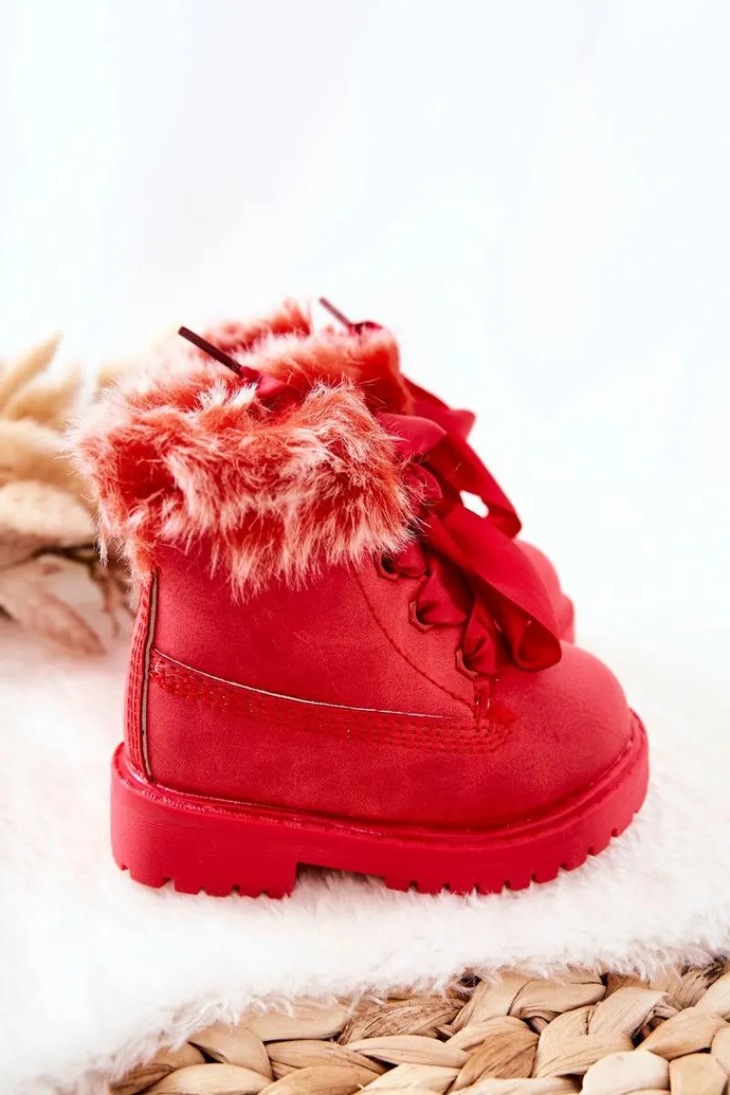Outlet Dziecięce Botki Traperki Ocieplone Futerkiem Czerwone Tesoro Dzieci Chłopięce