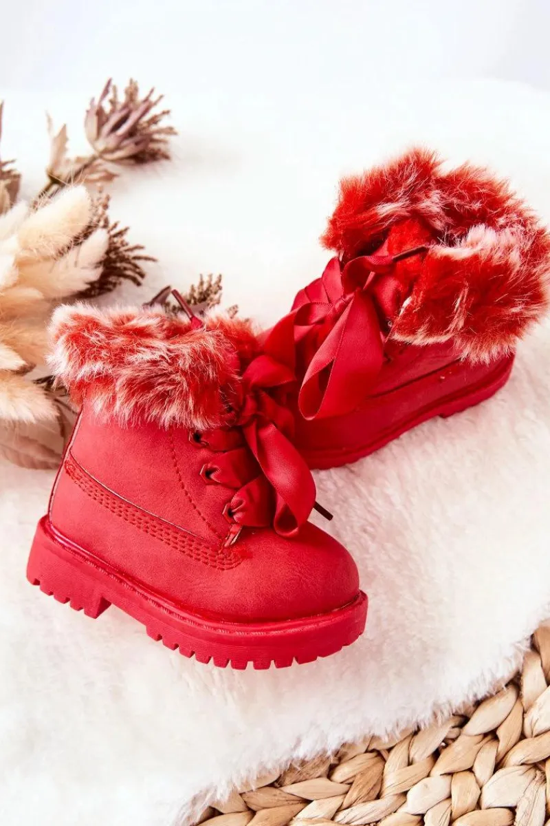 Outlet Dziecięce Botki Traperki Ocieplone Futerkiem Czerwone Tesoro Dzieci Chłopięce