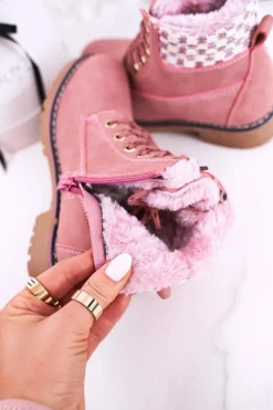 Dziewczęce></noscript>Boto Dziecięce Botki Traperki Ocieplone Futerkiem Różowe Forest