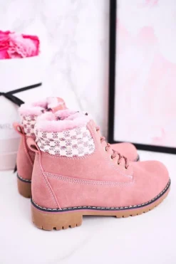 Dziewczęce></noscript>Boto Dziecięce Botki Traperki Ocieplone Futerkiem Różowe Forest