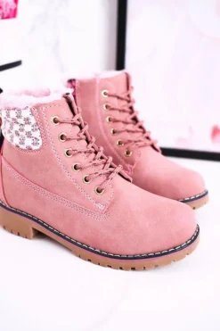 Dziewczęce></noscript>Boto Dziecięce Botki Traperki Ocieplone Futerkiem Różowe Forest