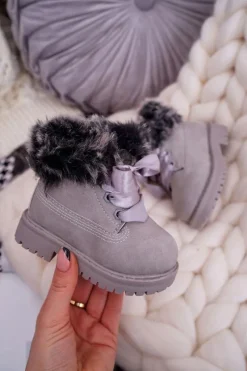 Clearance Dziecięce Botki Traperki Ocieplone Futerkiem Szare Tesoro Dzieci Chłopięce