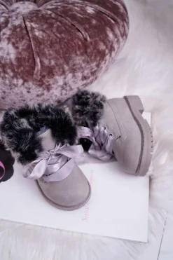 Clearance Dziecięce Botki Traperki Ocieplone Futerkiem Szare Tesoro Dzieci Chłopięce