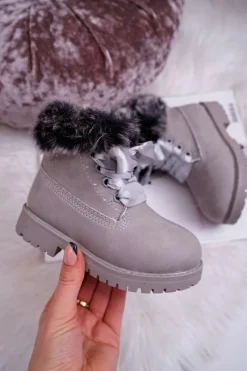 Clearance Dziecięce Botki Traperki Ocieplone Futerkiem Szare Tesoro Dzieci Chłopięce