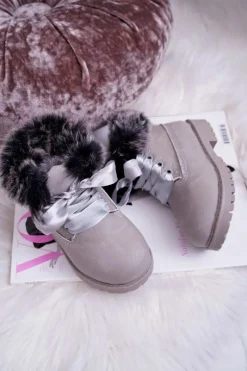 Clearance Dziecięce Botki Traperki Ocieplone Futerkiem Szare Tesoro Dzieci Chłopięce